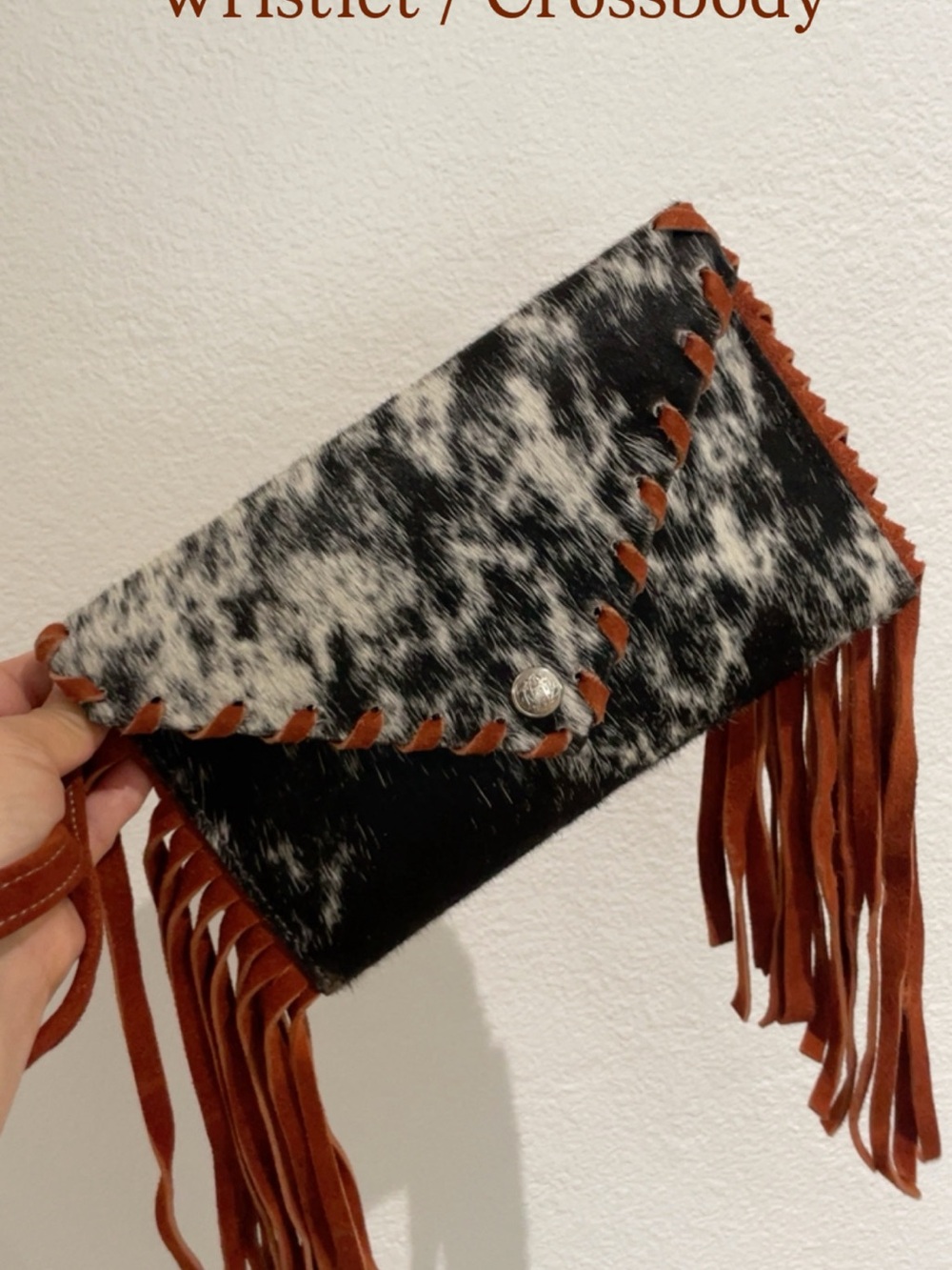 Black & White Cowhide Fringe Crossbody Wristlet with Tan Accents